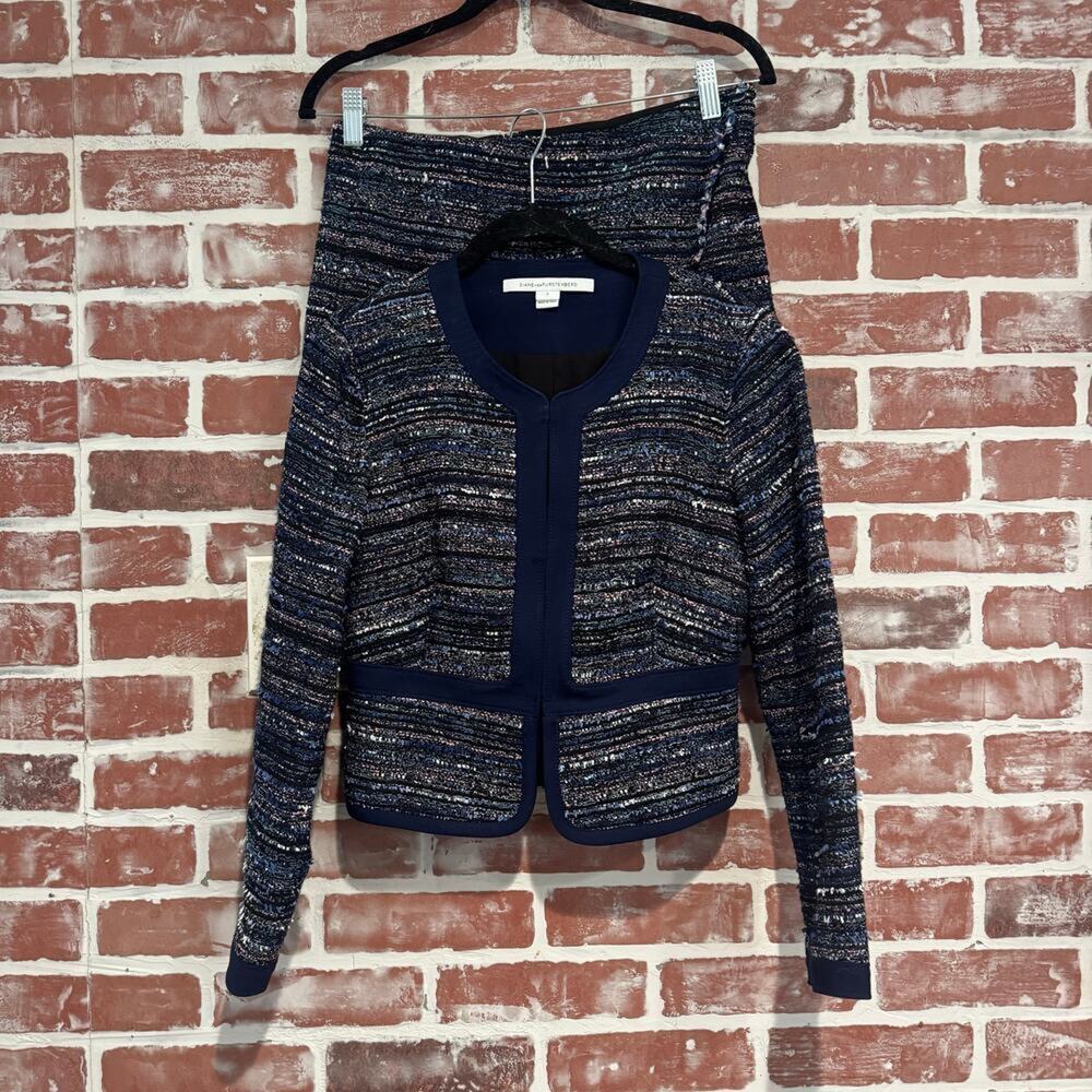 Diane Von Furstenberg DVF Tweed Jacket Skirt Set Navy Metallic Size 0/2 XS